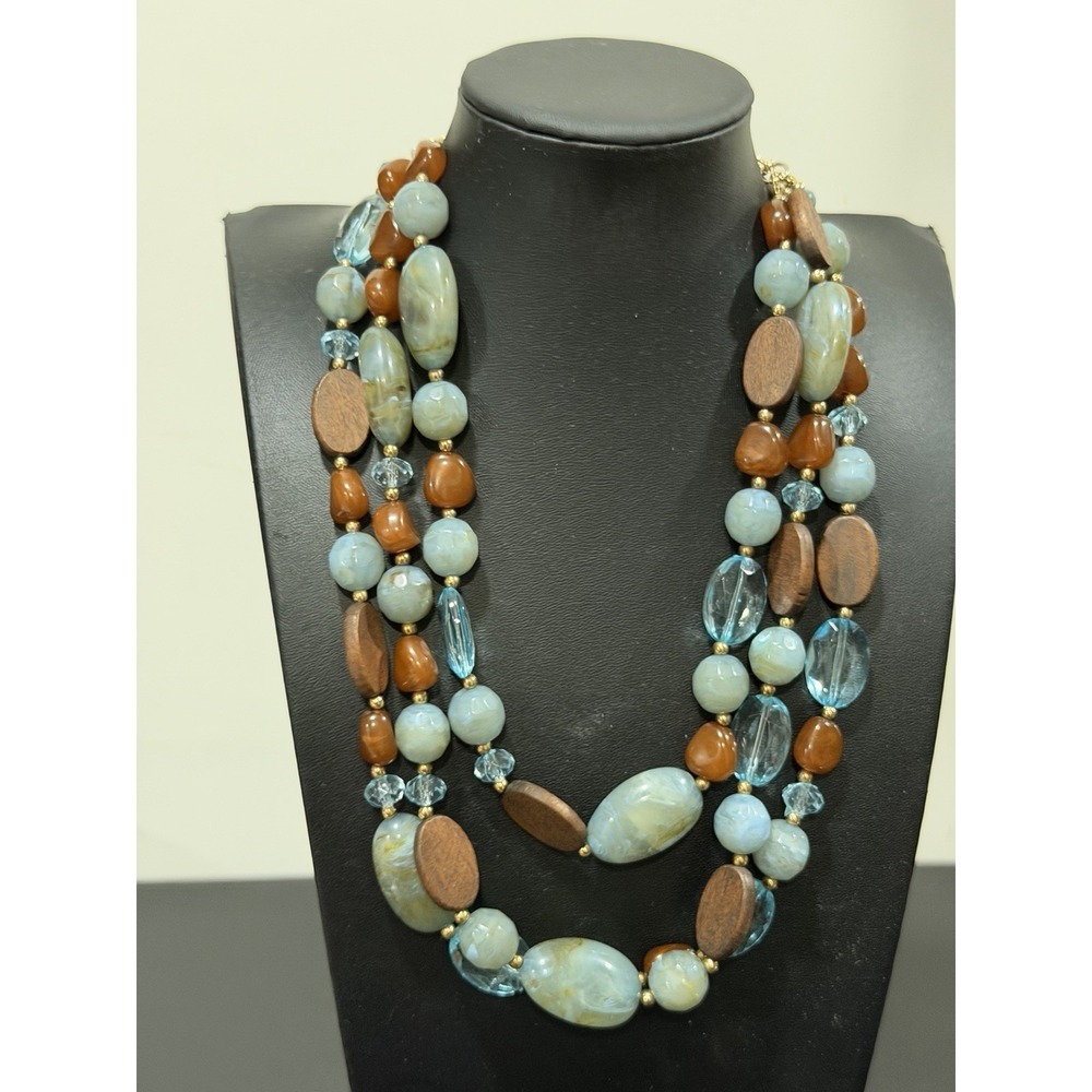 Blue and‎ Brown Chunky  Beaded Necklace 20" Adjustable Acrylic And Wood Beads